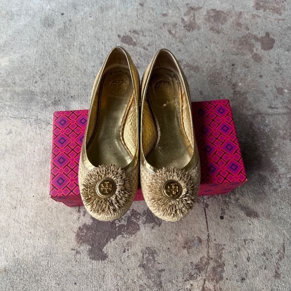 Tory Burch Ballet Flats Straw Size 9.5 Gold Women's Shoes - Picture 1 of 7